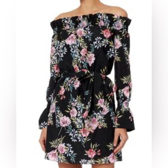 Intermix‎ Black Floral Print Off the Shoulder Belted Mini Dress Size M Party - Picture 1 of 11